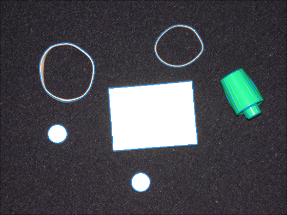 Image of several irregularly shaped objects against a dark background, with each object outlined in blue