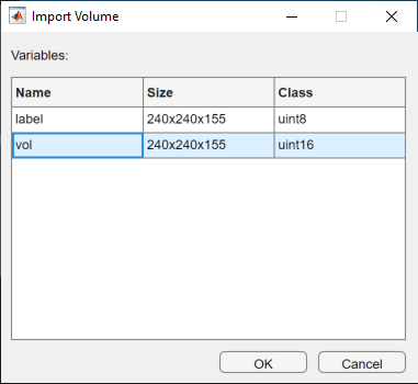 Import Volume dialog box, with the vol workspace variable selected for import