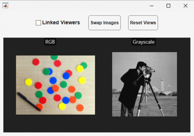 RGB image of colored chips on the left and grayscale cameraman image on the right with LinkedViewers disabled