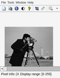 Figure Image Tool 1 - cameraman.tif contains an axes object and other objects of type uimenu, uitoolbar, uipanel. The hidden axes object contains an object of type image.
