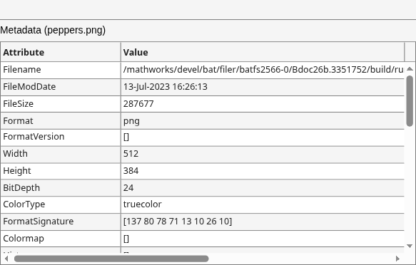 Figure Image Info (peppers.png) contains objects of type uitoolbar, uicontrol, uitable.