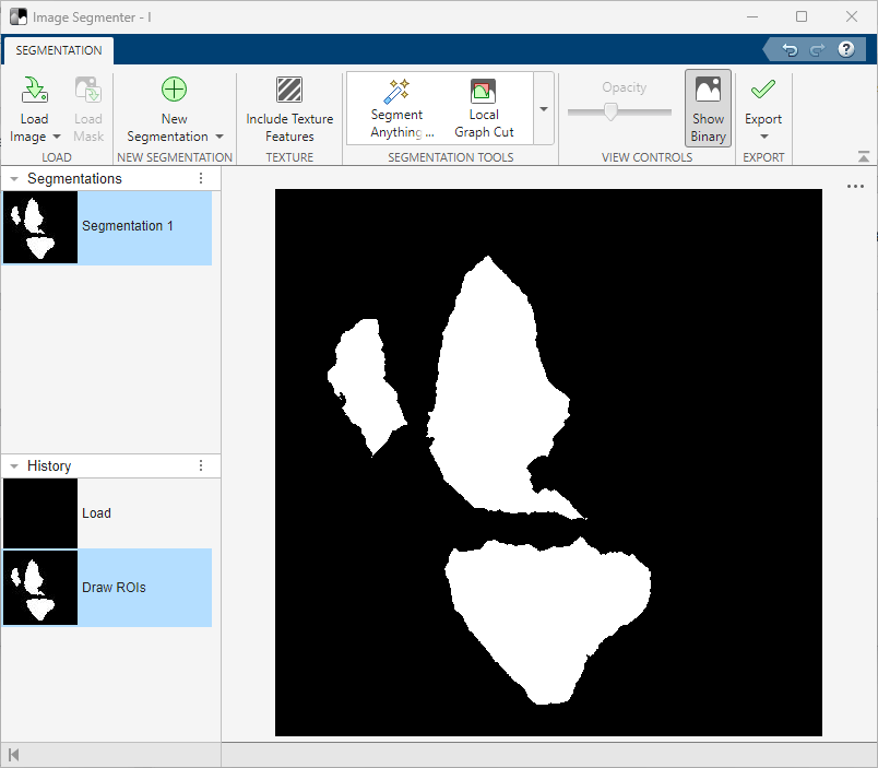The screenshot shows the scan with Show Binary selected. The background is in black and the three segments are in white.