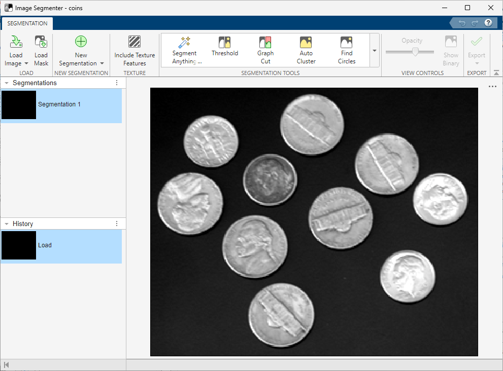 The screenshot shows the image segmenter app, and the user has loaded an image of coins with varied diameters.