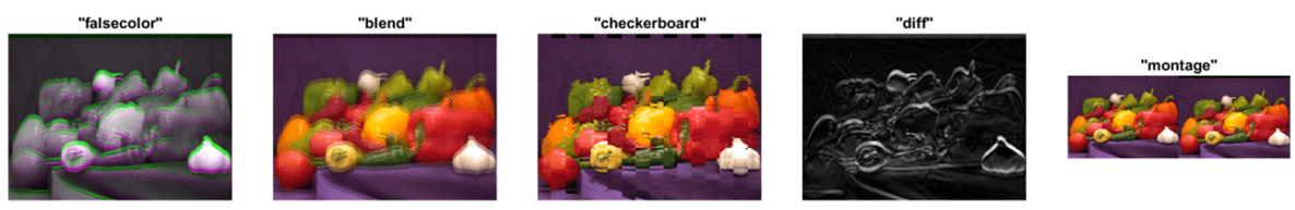 Montage of representative examples of the imshowpair display methods, including falsecolor, blend, checkerboard, diff, and montage