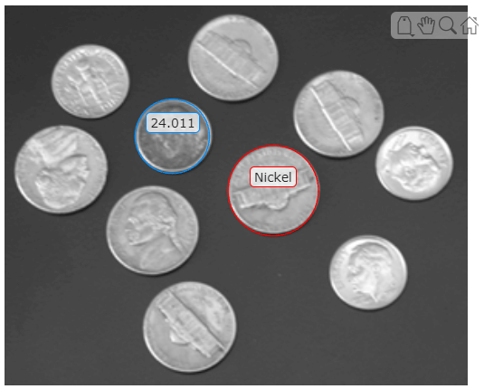 The same coins image with an additional red circle ROI around one nickel with the text label "Nickel"