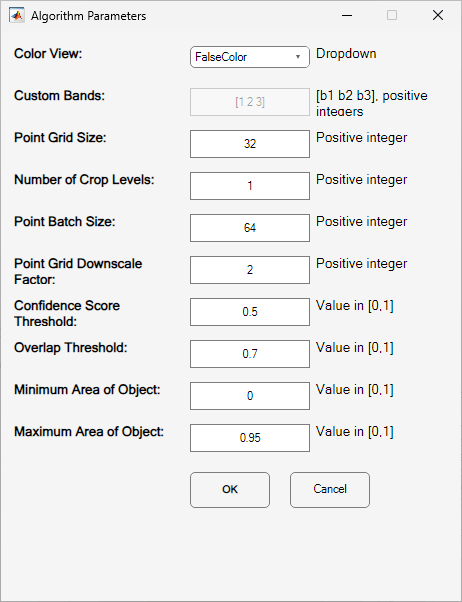 Settings dialog box with default parameters.