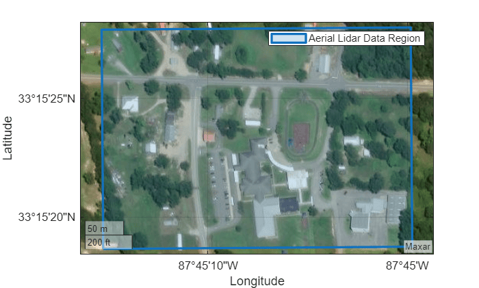 Figure contains an axes object with type geoaxes. The geoaxes object contains an object of type polygon. This object represents Aerial Lidar Data Region.