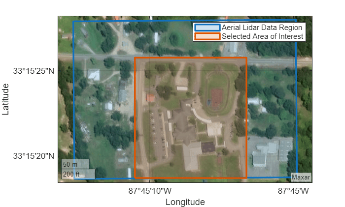 Figure contains an axes object with type geoaxes. The geoaxes object contains 2 objects of type polygon. These objects represent Aerial Lidar Data Region, Selected Area of Interest.