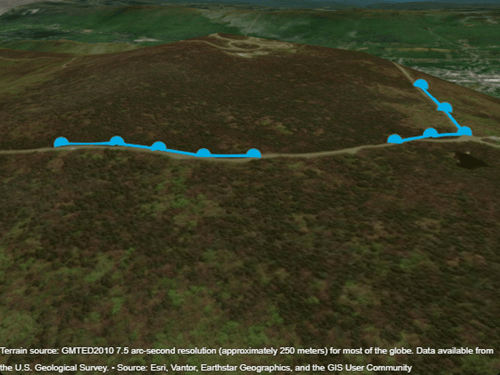 Two blue lines with markers plotted over satellite imagery and terrain