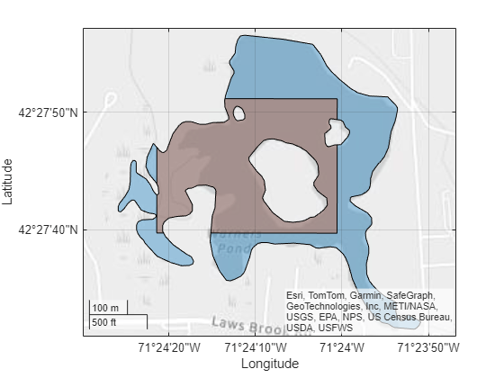 Figure contains an axes object with type geoaxes. The geoaxes object contains 2 objects of type polygon.