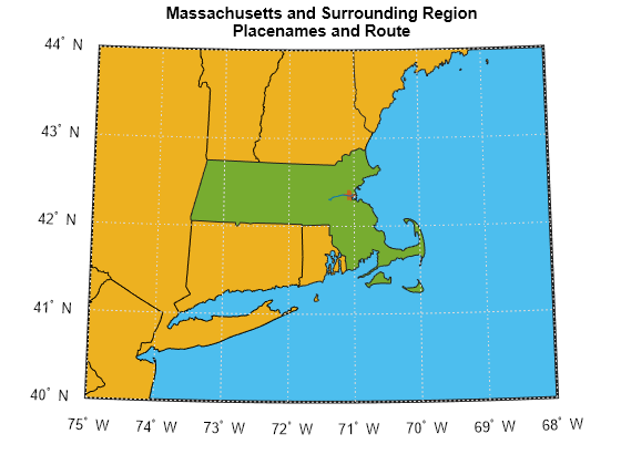 Figure contains an axes object. The hidden axes object with title Massachusetts and Surrounding Region Placenames and Route contains 40 objects of type patch, line, text. One or more of the lines displays its values using only markers