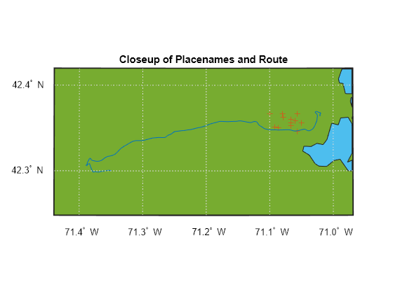 Figure contains an axes object. The hidden axes object with title Closeup of Placenames and Route contains 25 objects of type patch, line, text. One or more of the lines displays its values using only markers