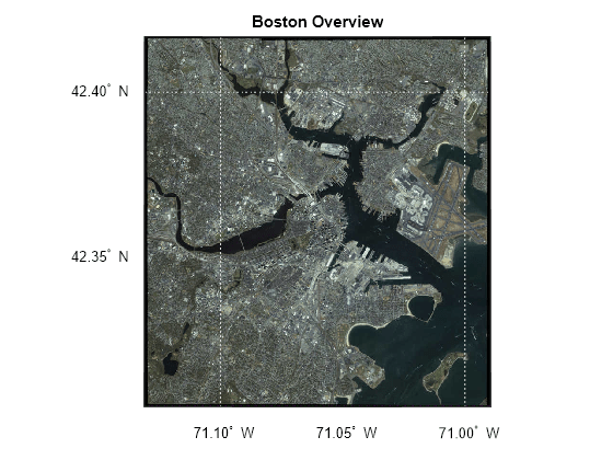 Figure contains an axes object. The hidden axes object with title Boston Overview contains 9 objects of type patch, surface, line, text.