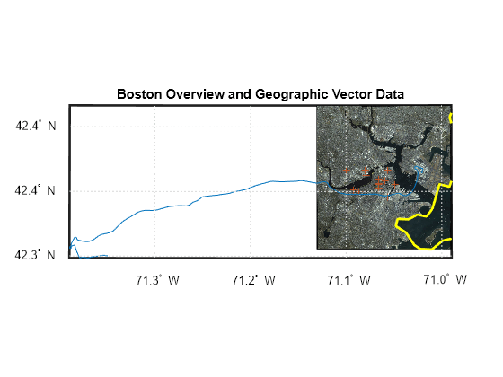 Figure contains an axes object. The hidden axes object with title Boston Overview and Geographic Vector Data contains 26 objects of type line, patch, surface, text. One or more of the lines displays its values using only markers