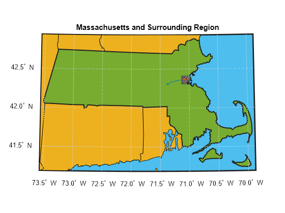 Figure contains an axes object. The hidden axes object with title Massachusetts and Surrounding Region contains 36 objects of type patch, line, surface, text. One or more of the lines displays its values using only markers