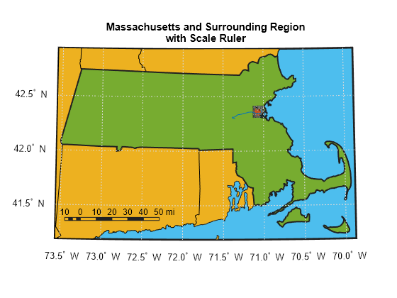 Figure contains an axes object. The hidden axes object with title Massachusetts and Surrounding Region with Scale Ruler contains 52 objects of type patch, line, text, surface. One or more of the lines displays its values using only markers