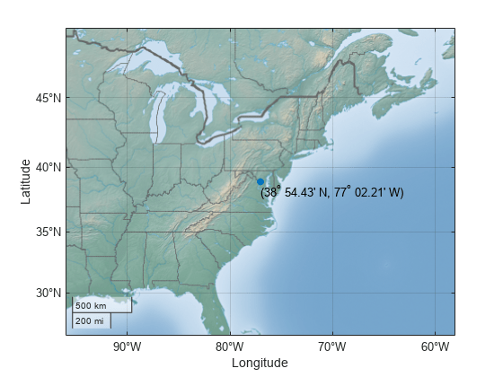 Figure contains an axes object with type geoaxes. The geoaxes object contains 2 objects of type scatter, text.