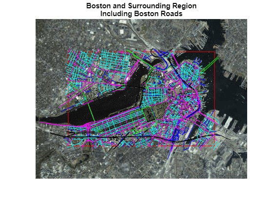 Figure contains an axes object. The hidden axes object with title Boston and Surrounding Region Including Boston Roads contains 2806 objects of type line, patch, surface, image, text.