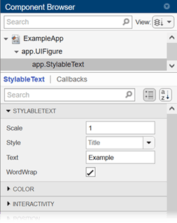 Component Browser in App Designer with the app.StyleableText component is selected. The Scale and Text properties have edit fields inputs, the Style property has a drop-down list input, and the WordWrap property has a check box input.