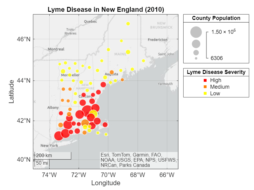 Figure contains an object of type geobubble. The chart of type geobubble has title Lyme Disease in New England (2010).