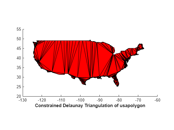 Figure contains an axes object. The axes object with xlabel Constrained Delaunay Triangulation of usapolygon contains an object of type patch.