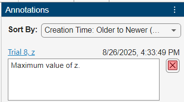 Annotation for Trial 8, column z that contains the text "Maximum value of z."