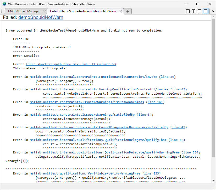 The diagnostics from the test failure in the MATLAB Test Manager. It shows additional information about the cause of the test failure, including links to the sources of the failure and how they propagate.