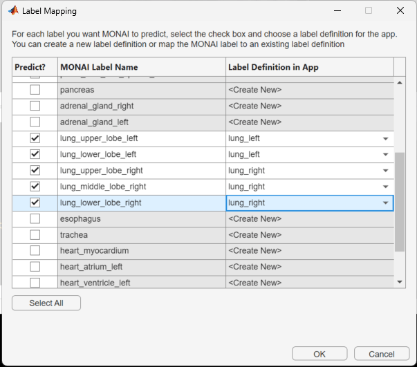 Label Mapping dialog box showing the options needed to map the individual lung lobe labels to unified left and right lung labels.