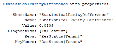MATLAB output showing StatisticalParityDifference object properties and ResStatus|Tenant key