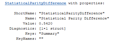 MATLAB output showing StatisticalParityDifference object properties and Summary key