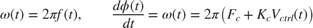 $\omega(t) = 2\pi f(t), \qquad \frac{d\phi(t)}{dt} = \omega(t) = 2\pi \big( F_c + K_c V_{ctrl}(t) \big)$