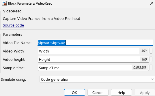 Block parameters dialog box for the VideoRead block. The Video File Name is set to vipwarnsigns.avi. The Video Width, Video Height, and Sample time parameters are set by using MATLAB workspace variables.