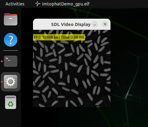 Jetson display showing the SDL Video Display dialog. The dialog shows the filtered image and that the application runs at approximately 10808 frames per second.