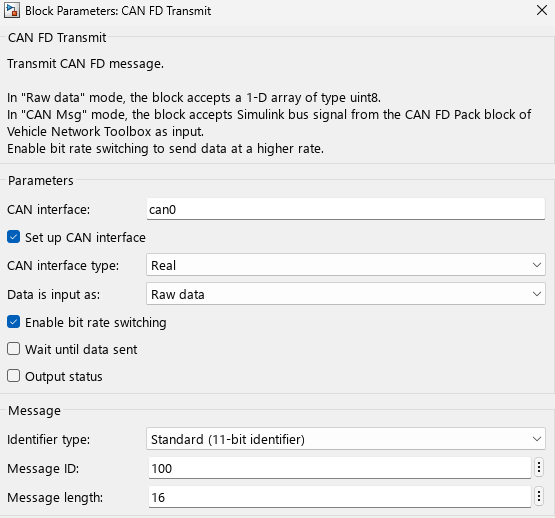 Block Parameters dialog for the CAN FD Transmit block