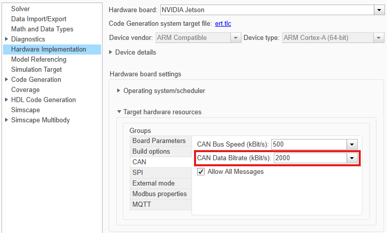 Configuration Parameters dialog box showing the CAN Data Bitrate (kBit/s) parameter set to 2000