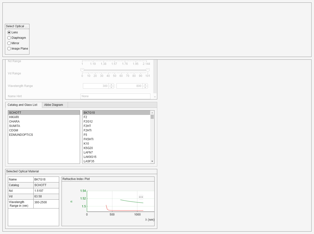 Figure My Optical Design Tool contains an object of type uigridlayout.