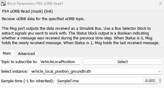 PX4 uORB Read block mask. Topic to subscribe to parameter is set to VehicleLocalPosition.