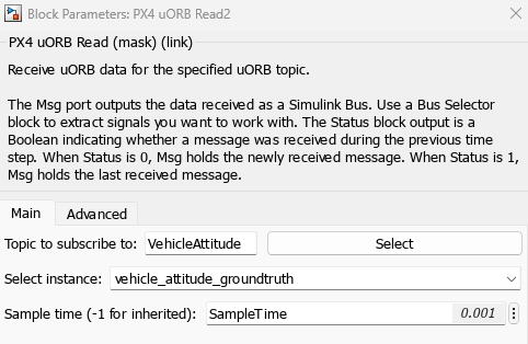 PX4 uORB Read block mask. Topic to subscribe to parameter is set to VehicleAttitude.