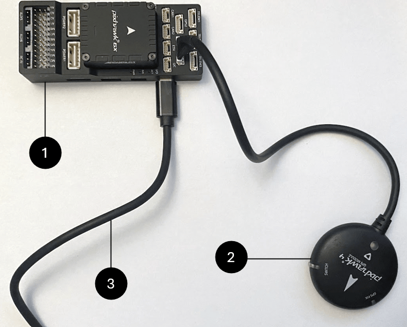 A Pixhawk 6x autopilot that is connected to a computer through a USB cable, and a GPS module.
