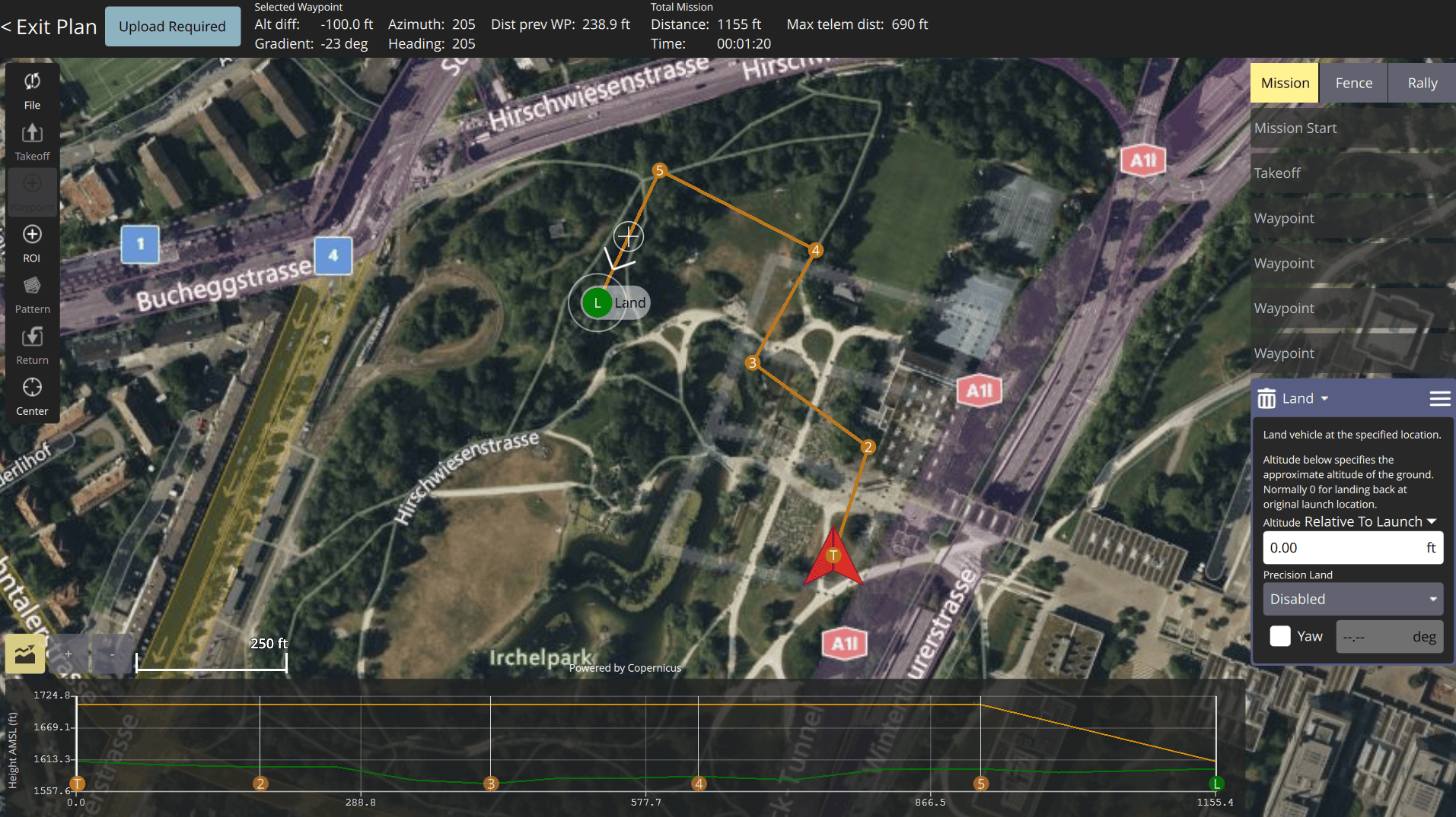 Plan View of QGroundControl, which shows the mission to be uploaded.