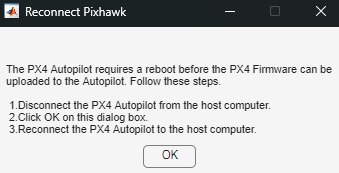 Instruction to reconnect pixhawk after clicking OK.
