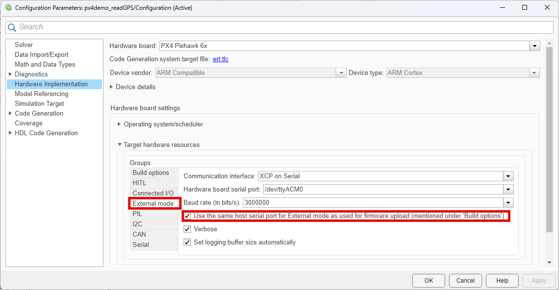 Configuration parameter of the px4demo_readGPS model, with the External mode tab selected.