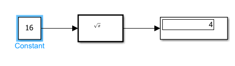Simulink model with a Constant block configured for unsigned 16‑bit fixed‑point output in Q0 format connected to a Sqrt block, which feeds a Display block that shows the square root result in unsigned Q8.8 fixed‑point format.