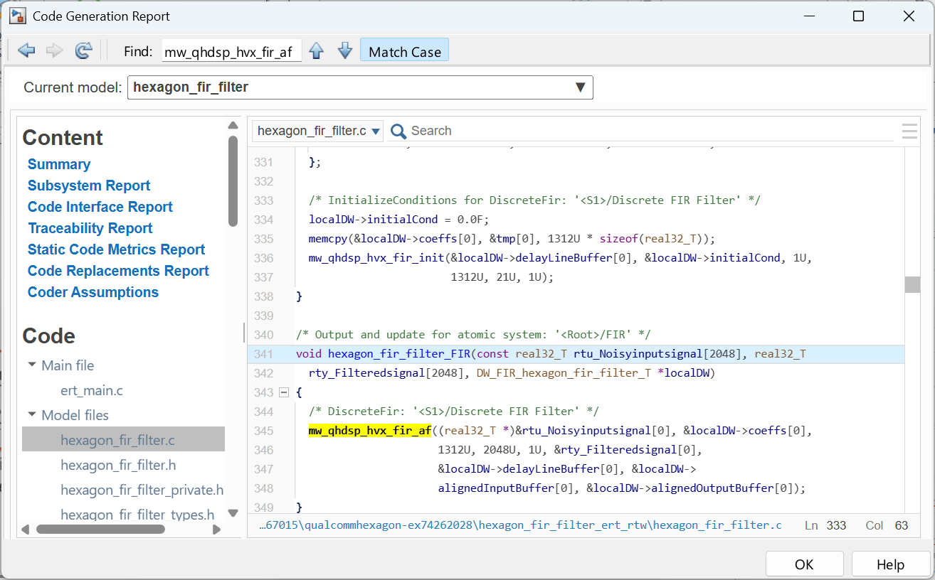 Code Generation Report showing the generated C code for the hexagon_fir_filter model with the Code Replacement Report link in the Content pane.
