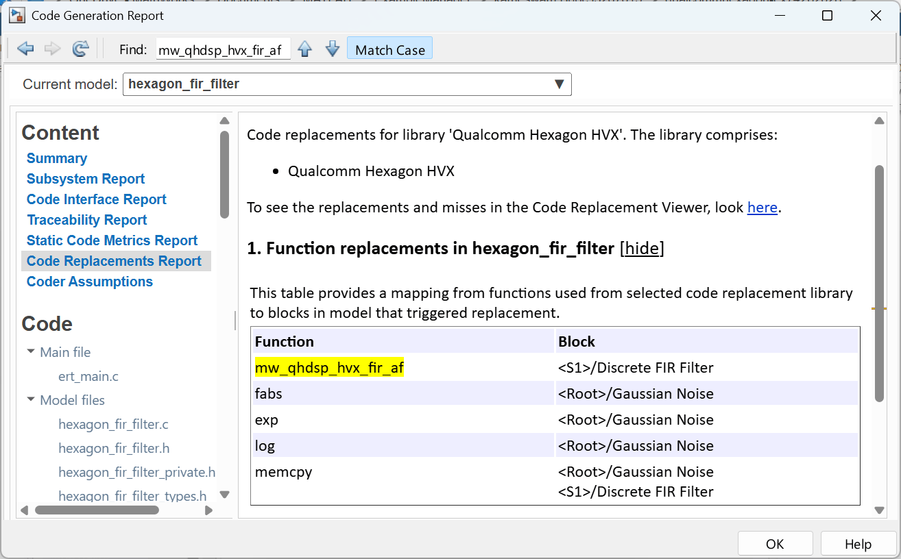 Code Replacement Report listing function replacements in hexagon_fir_filter for Qualcomm Hexagon HVX library, including mappings for mw_qhdsp_hvx_fir_af, fabs, log, and memcpy.