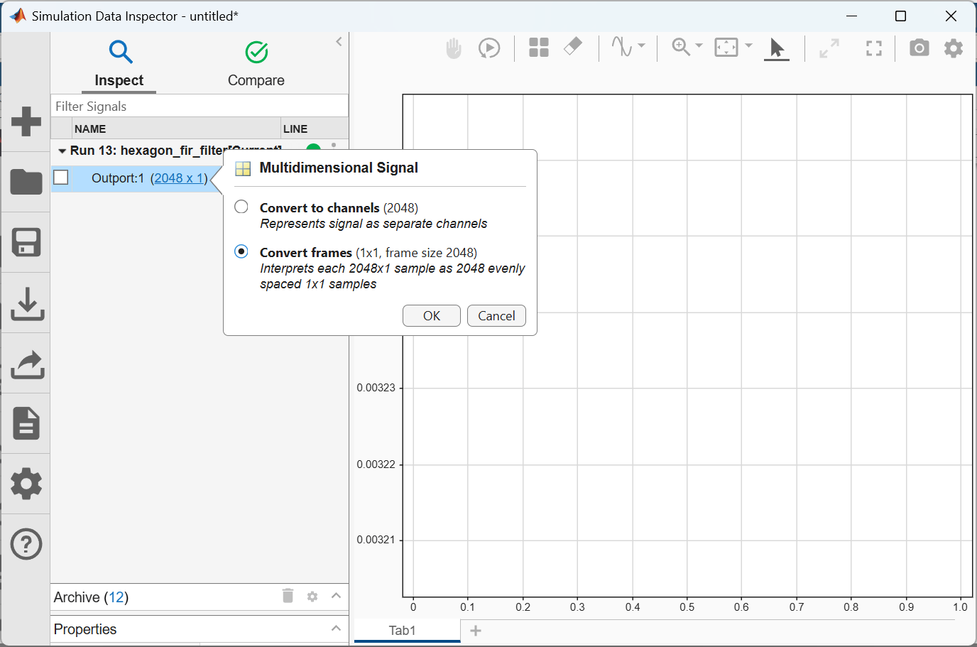 Simulation Data Inspector Inspect tab showing the Multidimensional Signal dialog with Convert frames selected for a 2048x1 signal.