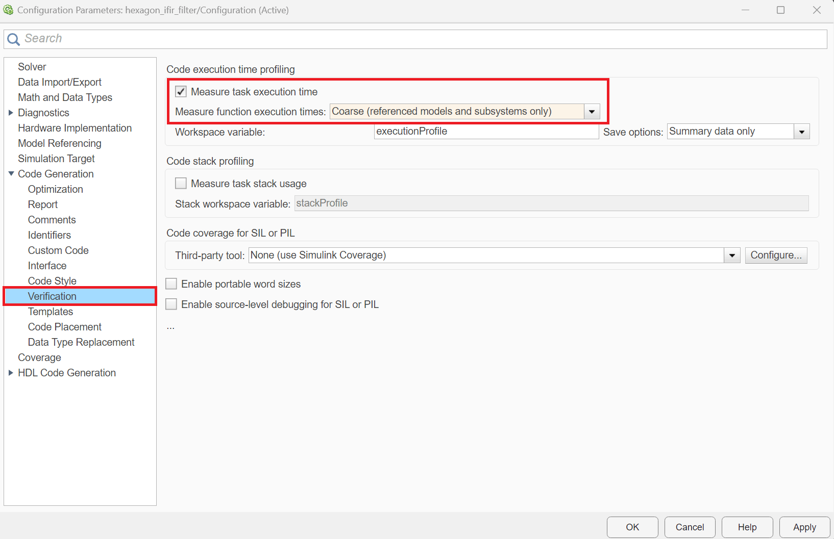 Code Generation Verification pane with Measure task execution time enabled and Measure function execution times set to Coarse.