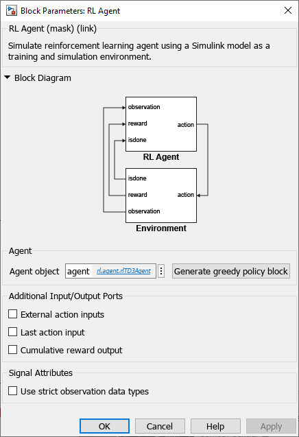 RL Agent block parameters dialog with Generate greedy policy block button