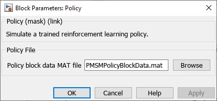 Policy block parameters dialog with MAT file path for the trained policy