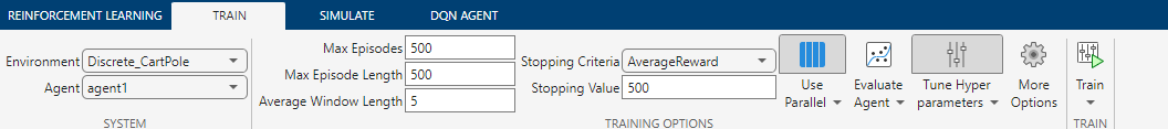 Train tab of the reinforcement learning designer app